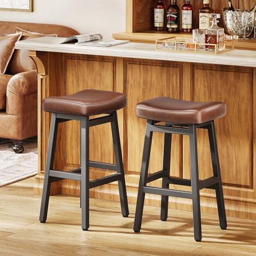 Raynesys 29 Inches Bar Stools Set of 2, Bar Height Barstools for Home Counter, Blackless Barstool with Bonded Leather Saddle Seats & Heavy Duty Metal Legs, Easy Assembly, Brown/Black