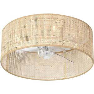 Bamboo Small DC Ceiling Fan with Light Fixture and Remote Control,Boho Enclosed Wicker Caged Flush Mount Rattan Cage Drum Low Profile Fandelier for Kitchen Nursery Bedroom Indoor Office Dining Room