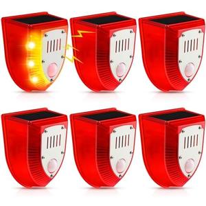 Qualirey 4 Pcs Solar Alarm Motion Detector with Sound Outdoor Motion Sensor 129db Barking Dog Strobe Light Gunshot Sound Alarm Detector Noise Maker Warning Lamp for Home Villa Yard Farm