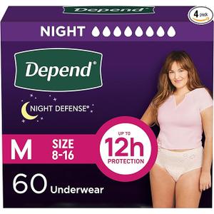 Depend Night Defense Adult Diapers, Incontinence & Postpartum Bladder Leak Underwear for Women, Disposable, Overnight, Medium, Blush, 60 Count (4 Packs of 15) 