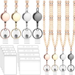 Geyoga 4 Set Beaded Lanyards for ID Badges Women Retractable Lanyards for Keys Cute Teacher Lanyard with ID Holder Retractable Badge Reel Wooden Beaded Keychain Lanyard Appreciation Gifts