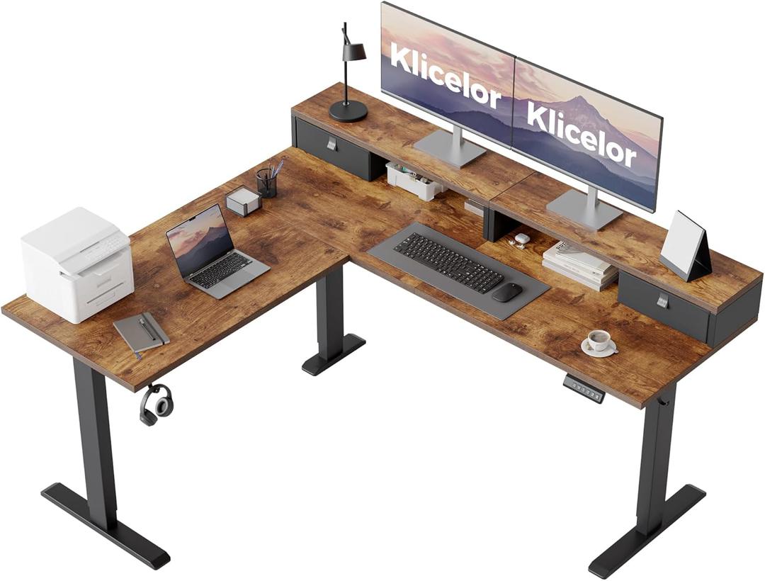 Klicelor L Shaped Electric Standing Desk 63 x 55 inch with Drawers, Height Adjustable Corner Desk, Sit Stand Desk with Storage Shelf, Home Office Computer Table, Rustic Brown