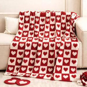 Valentine's Day Knitted Throw Blanket 50 x 60 Inch Red and White Buffalo Plaid Checkered Love Heart Blanket Home Decor Fluffy Microfiber for Wedding Anniversary Party Gift Bed Sofa Chair