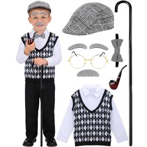 Old Man Costume for Kids - 7 Pcs Boys 100 Days of School Costume for Grandpa Outfit Dress Up Cosplay (8-10yr)