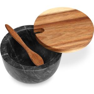 Marble Salt Cellar Box with Wood Lid & Spoon, Modern Black Stone Salt or Pepper Sugar Spice Seasoning Bowl Container Jar Holder Well Keeper Dish Pig Crock for Kitchen