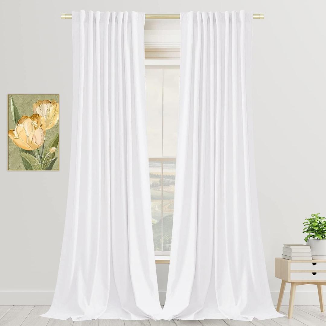 SNITIE White 96 in Long Velvet Curtains with Back Tab and Rod Pocket Thermal Insulated Soft Privacy Light Filtering Velvet Drapes for Bedroom and Living Room, Set of 2 Panels, 52 x 96 Inches Long