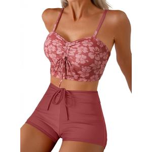 Herseas Women's Full Coverage Bathing Suit Tummy Control Tankini Swimsuits Fashion Boho Swimwear Athletic High Rise Bikini Sets Retro Swim Shorts Dusty Pink X-Large