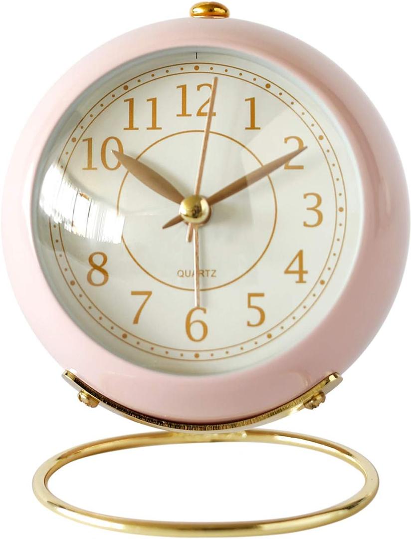 SHISEDECO Small Tableclocks Classic Non-Ticking Tabletop Alarm Clock with Backlight, Battery Operated Astronaut Deskclock with HD Glass for Living Room Bedroom Bedside Indoor Decor (Pink)