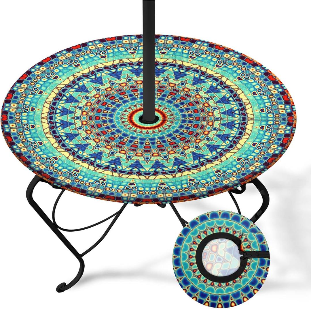 Bohemian Round Outdoor Tablecloth With Umbrella Hole, Abstract Fitted Table Cover With Zipper, Outdoor Camping Essentials, Waterproof Umbrella Table Cloth with elastic (36''-44'')