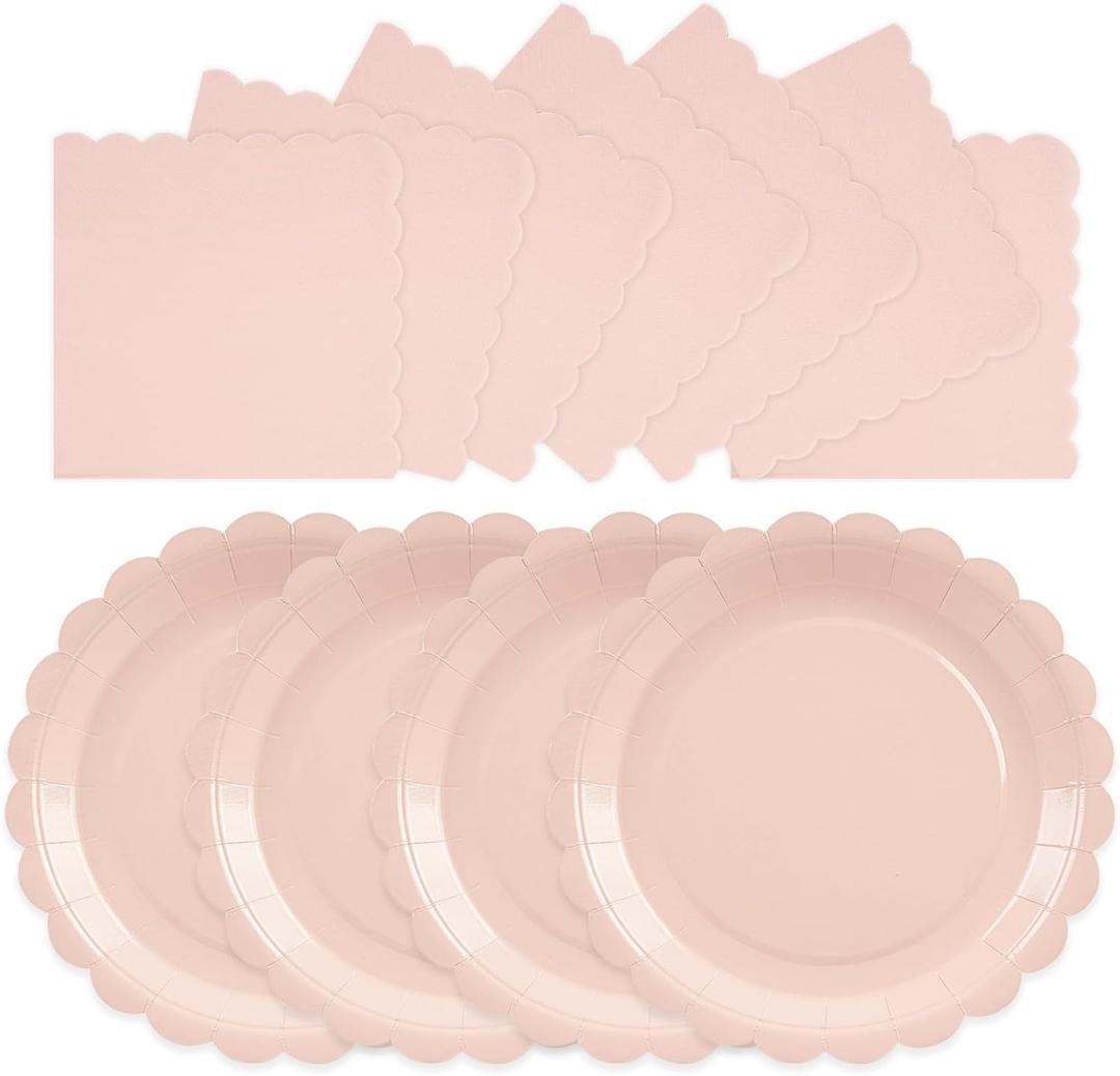 50PCS Pink Paper Plates and Napkins, 25 Guest Light Pink Disposable Tableware Set Include 7Inch Scalloped Paper Plates and Napkins Decoration Party Supplies for Birthday Wedding Baby Shower