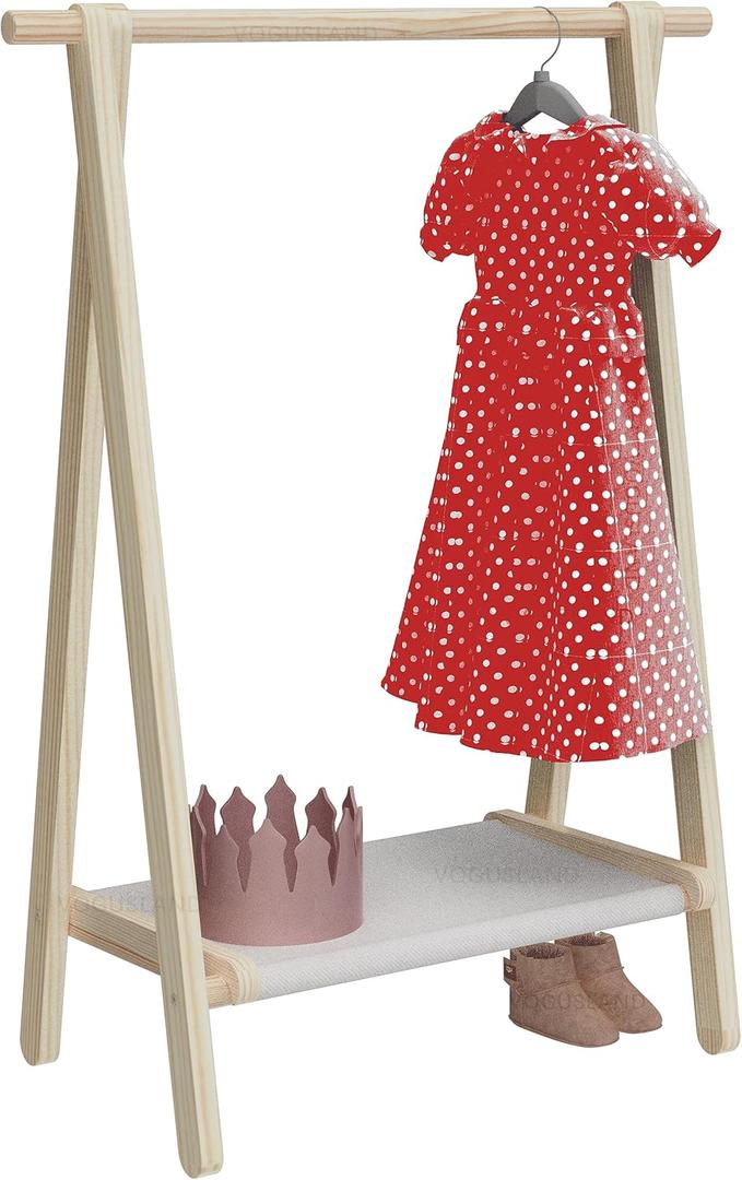 Dress up Storage, Kids Clothing Rack, Child Garment Rack with Storage Shelf, Natural Pine Wood (Pine)