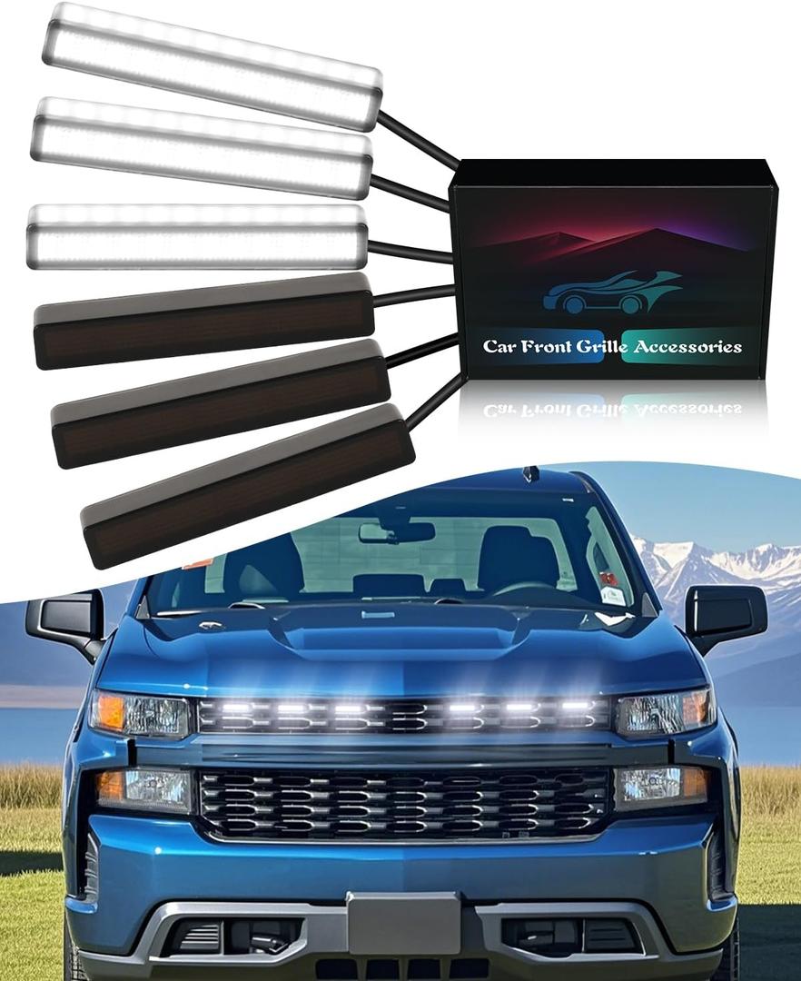 6Pcs LED Grill Lights for 2019-2024 2025 Chevrolet Silverado Raptor Grille Marker Lights Silverado 1500 2500 3500 Accessories Front Bumper Grille Trims (White)