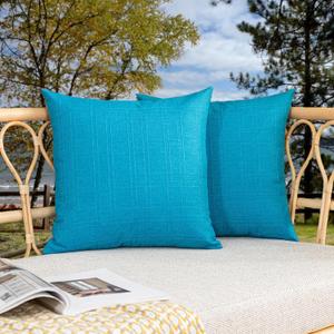 Kevin Textile Pack of 2 Decorative Outdoor Waterproof Pillow Covers Garden Checkered Cushion Sham Throw Pillowcase Shell for Patio Tent Couch 20x20 Inch Peacock Blue