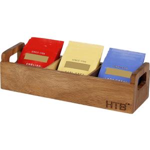 HTB Small Tea Bag Box Wooden, 3 Compartments Acacia Wood Tea Bag Chest with Handle, Mini Countertop Divided Storage Container for Beverage Supplies, Sugar, Sweeteners, Individual Packets (Acaica Wood ) Pack Of 1