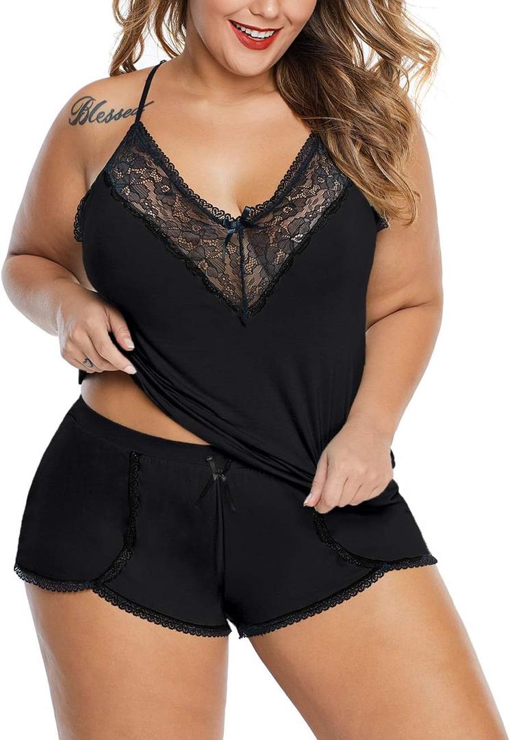 XAKALAKA Women Plus Size Pajamas Cami Shorts Set Nightwear Sexy Lace Lingerie Sleepwear (4X-Large, Black)