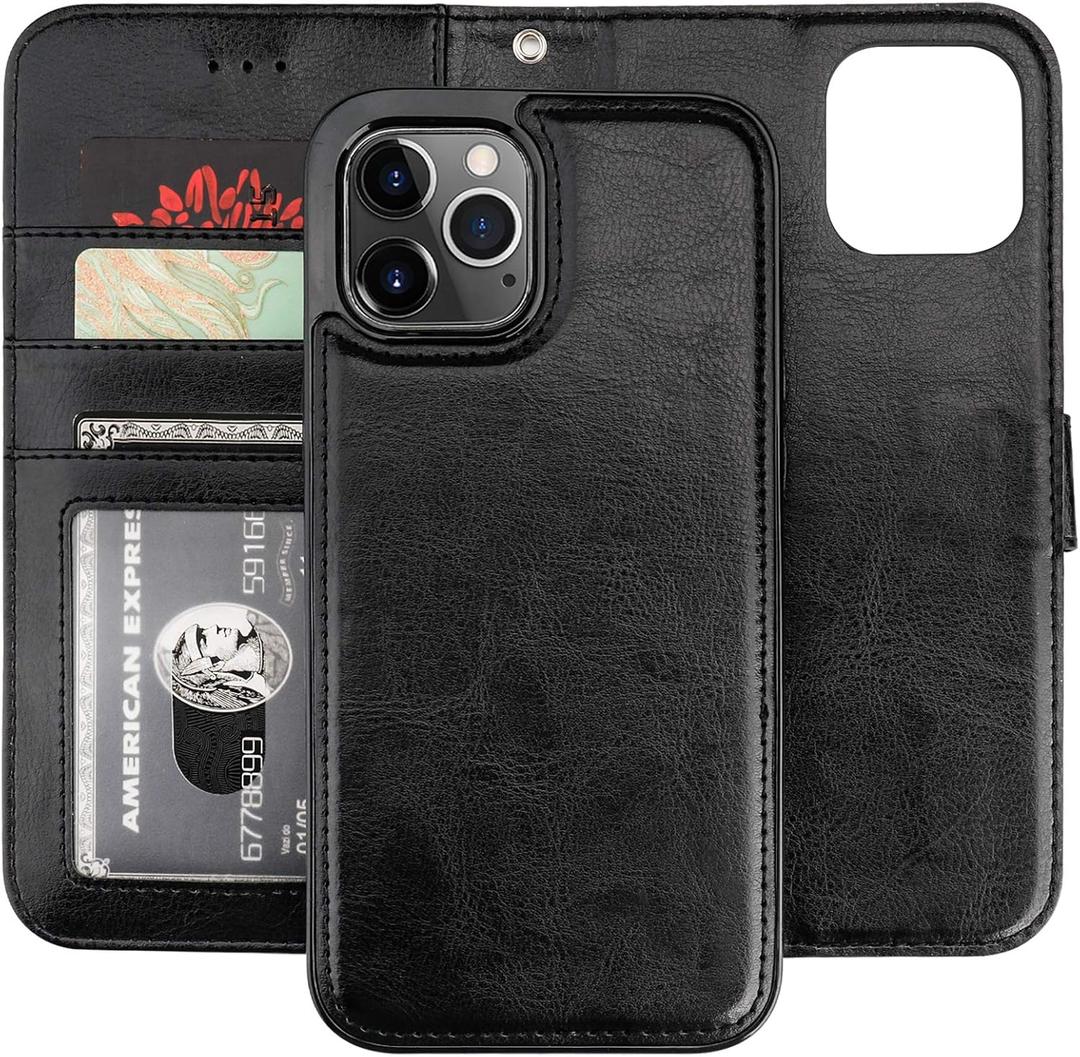 Bocasal Compatible with iPhone 12 Pro Max Wallet Case with Card Holder PU Leather Magnetic Detachable Kickstand Shockproof Wrist Strap Removable Flip Cover 6.7 inch (Black)