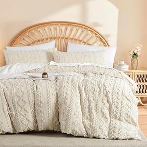Bildenly Boho Tufted Comforter Set King Size Beige Geometric Tufted Bedding Set 3 Pieces Farmhouse Shabby Chic Embroidery Comforter Soft Jacquard Bed Set for All Seasons with 2 Pillowshams