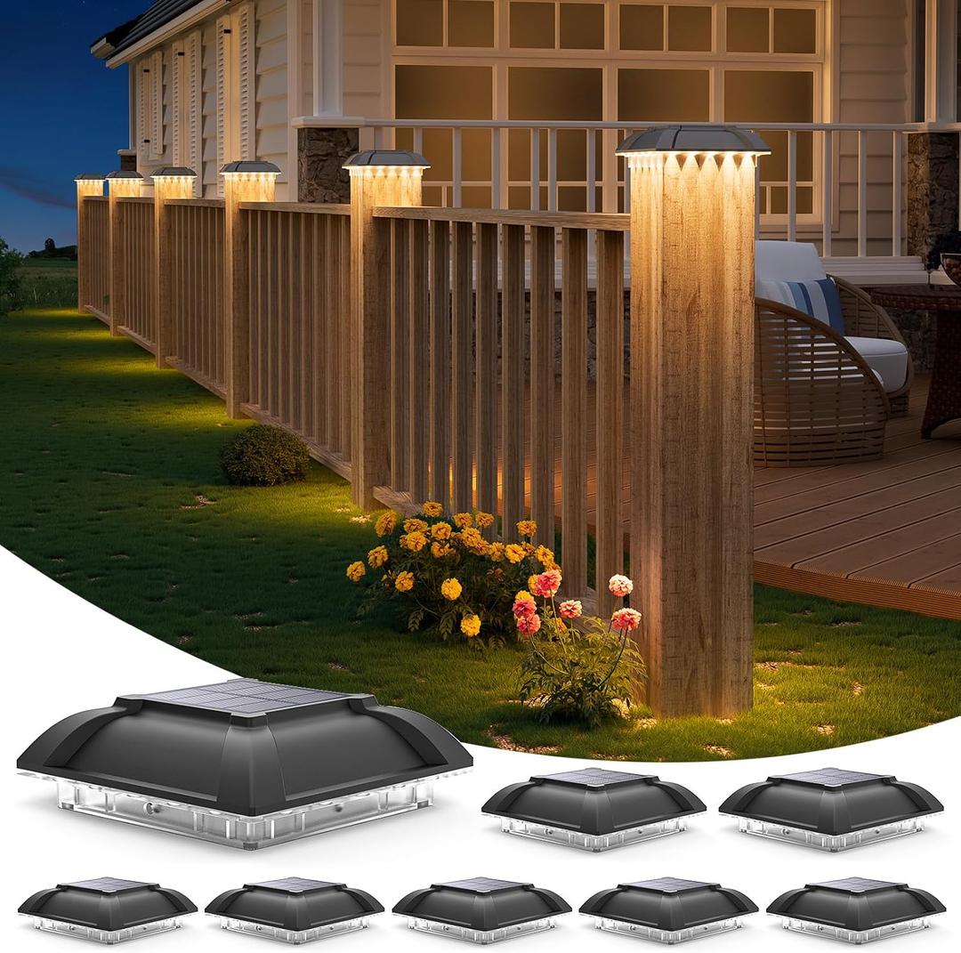 Solar Post Cap Lights Outdoor 8pack - Downward Lighting Waterproof Deck Fence Post Solar Lights for 4x4 Wooden/Vinyl Posts, Warm White Glow, Ideal for Deck Edges/Stair Railings/Porch/Backyard Fence (Black-4side)