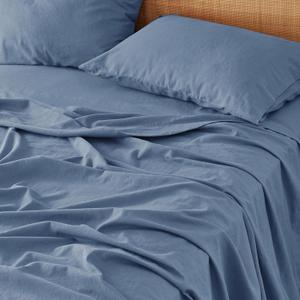 Bedsure Linen Sheets - Queen Size Bed, Blend from Linen Cotton Bedsheets, Breathable Cotton Bedsheets, Gifts for All Seasons, 4 Pieces, Blue