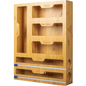 Shaw Limited Ziplock Bag Organizer - Bamboo, 6 in 1 Wrap Dispenser with Cutter, Perfect for Gallon, Quart, Sandwich & Snack Bag, Cling Film, Aluminum Foil etc; Compatible with 12" Kitchen Rolls