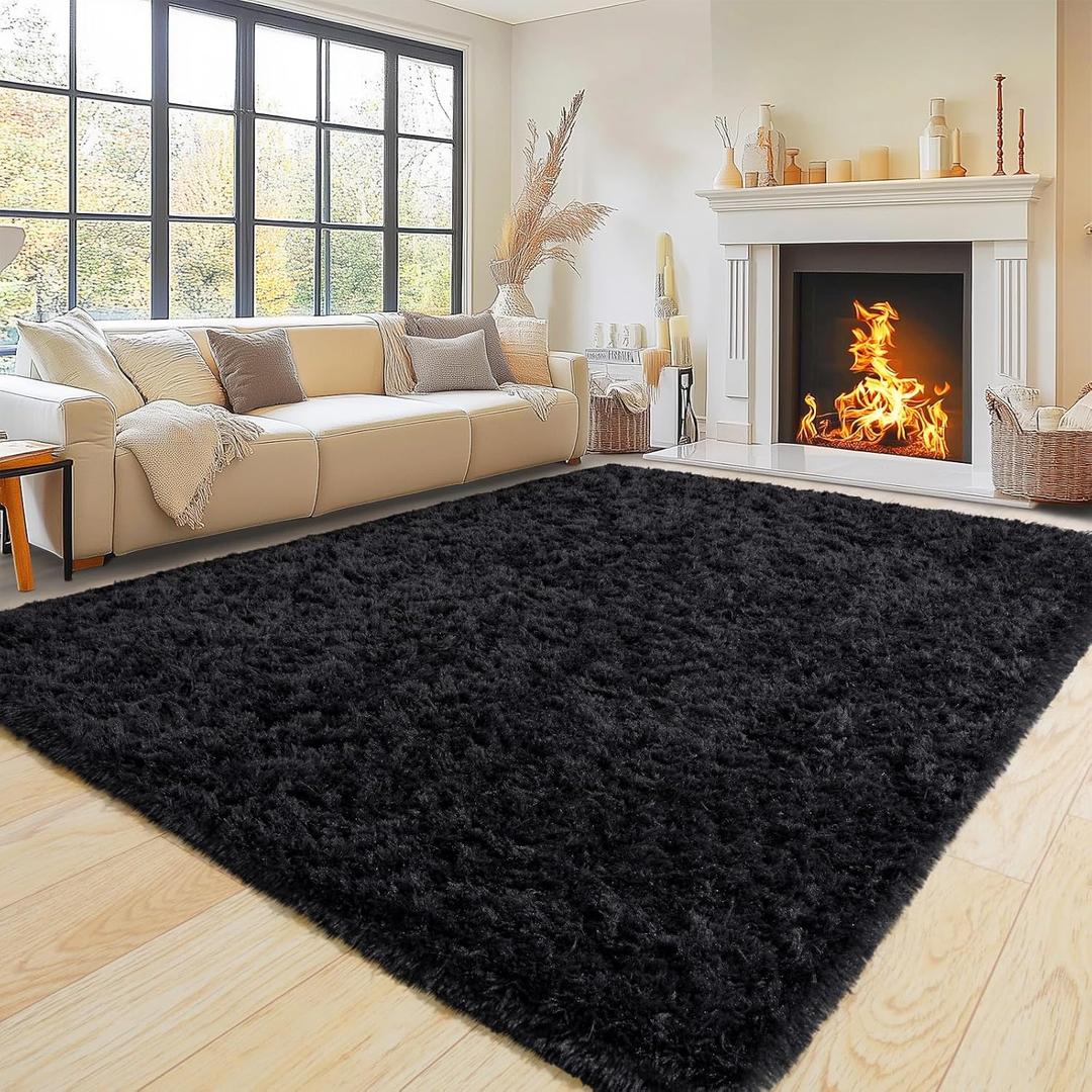 Super Fluffy Area Rug for Living Room 5x7 Feet, Modern Indoor Shaggy Carpet, Soft Plush Non Slip Rugs for Bedroom Kids Room Cloakroom Home Decor, Black