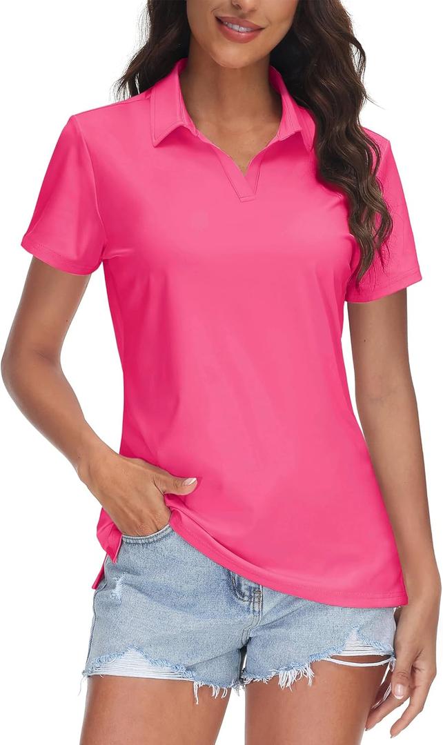 TACVASEN Women's V-Neck Polo Shirts UPF 50+ Short Sleeve Sun Protection Quick Dry Golf Polos Collared Shirt (Pink, Large)