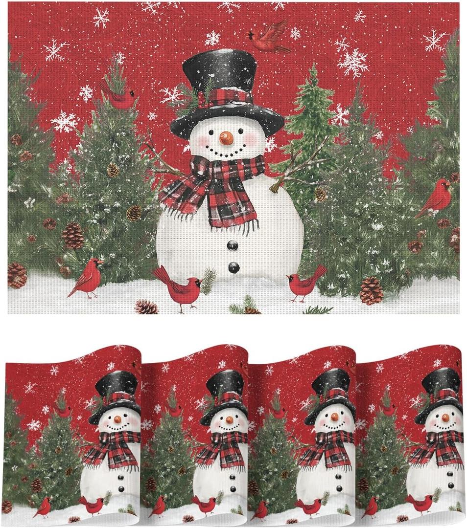 Artoid Mode Snowman Trees Winter Floral Vinyl Placemats Set of 4, Wipeable Red Christmas PVC Woven Table Mats for Party Kitchen Dining Decor, 12x18 Inch