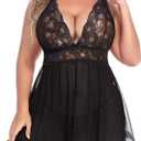 Avidlove Women Plus Size Babydoll Lingerie Lace Chemise Mesh Sleepwear (Large, Black)