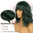 Dark Green Short Bob Wigs with Bangs for Women Loose Wavy Wig Curly Wavy Shoulder Length Bob Synthetic Cosplay Wig for Girl Colorful Costume Wigs