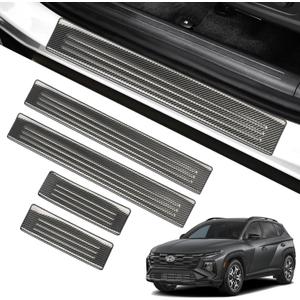 YOJOJOCO Car Door Sill Protectors for Hyundai Tucson 2022 2023 2024 Accessories Automotive Outer Door Entry Guard Cover Trim Black Stainless Steel Carbon Fiber Texture