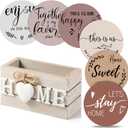 Queekay Coasters Set of 6 House Warming Gifts New Home Wooden Farmhouse Drink Coasters with Holder 4'' Funny Decoration for Kitchen Family Coffee Bar Tabletop Protection(Light Brown)
