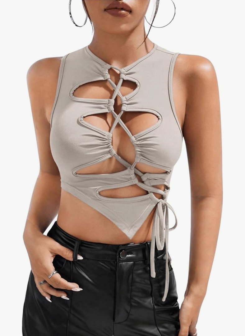 OYOANGLE Women's Cut Out Lace Up Round Neck Tie Front Asymmetrical Hem Crop Tank Top Size S
