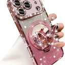 Magnetic Glitter Case for iPhone 17 Pro Max,[Compatible with MagSafe] Bling Sparkly Diamond with Camera Protector&Butterfly Kickstand&Makeup Mirror Women Girls Case for iPhone 17 Pro Max,Pink