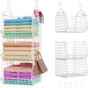 X-cosrack 3 Tier Foldable Closet Organizer, Clothes Shelves with 5 S Hooks, Wall Mount&Cabinet Wire Storage Basket Bins, for Clothing Sweaters Shoes Handbags Clutches Accessories-White Patent Design