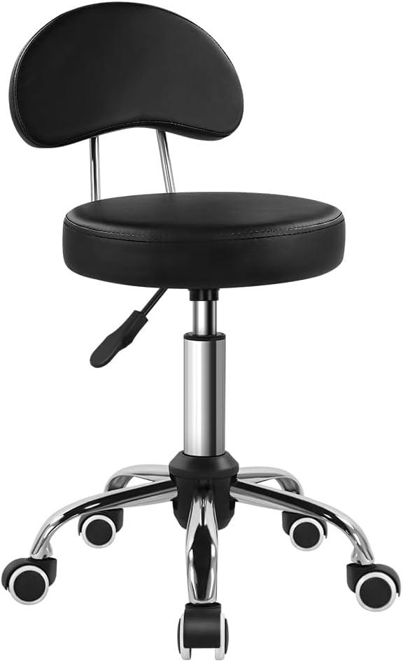 KKTONER Rolling Stool with Mid Back Height Adjustable Chair PU Leather Swivel Chair with Wheels for Office Home Task Drafting (Black)