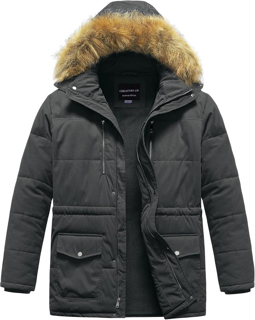 CREATMO US Men's Big and Tall Winter Coat Waterproof Long Puffer Jacket Thicken Parka with Removable Fur Hooded (4X, Grey)