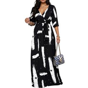 Maxi Dresses for Women Plus Size Printed 3/4 Sleeve Long Dress with Belt