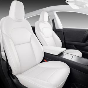 Front Seat Covers for 20252026 Tesla Model Y Juniper, Nappa Leather Custom Fit Front Row 2-Piece Set, Airbag Compatible Car Interior Seat Cushion Covers, White, 2-Pack