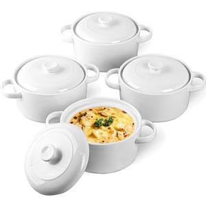 DELLING 28 Oz Soup Bowls with Handles and Lids, Large French Onion Soup Bowls, Ceramic Soup Crocks for French Onion, Oven Safe Bowls for Chili, Beef Stew, Cereal, Pot Pies, Bowls Set of 4, White