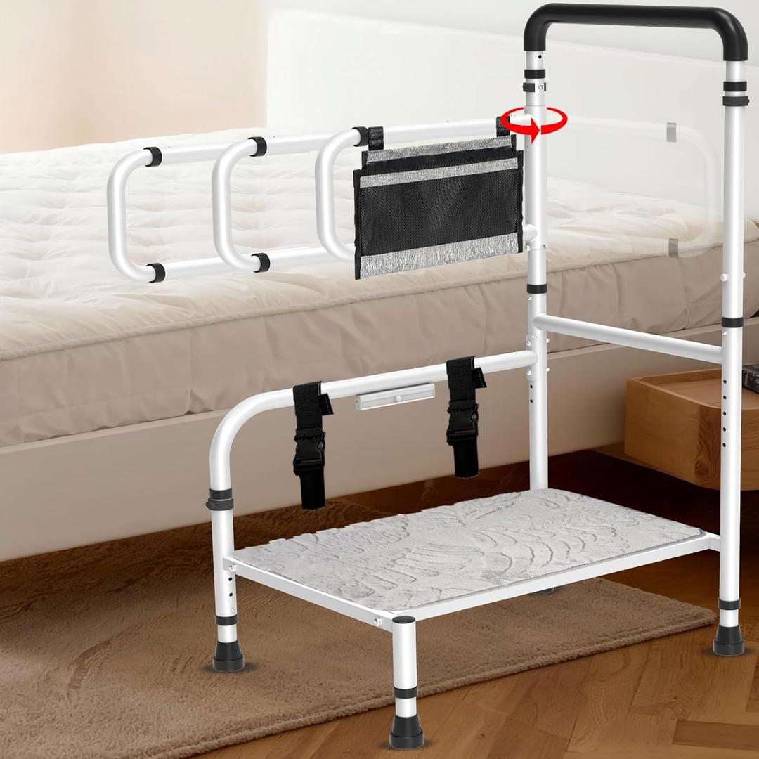 Heavy Duty Bed Step Stool For Elder/ Adults,1232" Wide Platform,4 Adjustable Height,Motion Sensor Night Light, Fasten Strap,Storage Bags & Soft Mat,Up To 800lb, For Senior & Limited Mobility
