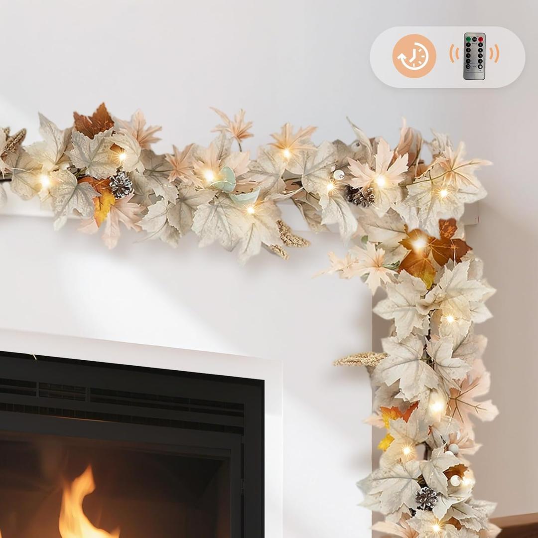 NUPTIO Fall Leaves Garland with Lights: 6Ft Autumn Maple Leaf Garlands for Thanksgiving Harvest Halloween - Fall Decor 40 LED 8-Mode Lights with Remote Timer for Mantle Fireplace Porch Table