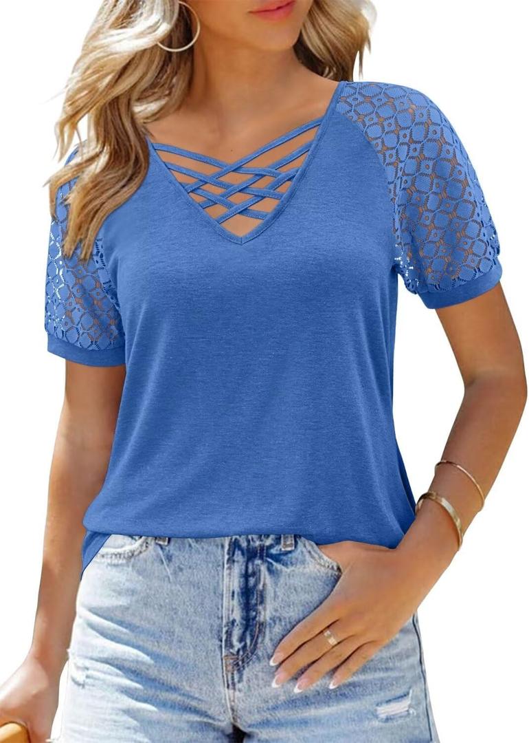 CRAZY GRID Women's T-Shirt Short Sleeve V-Neck Tops 2025 Summer Graphic Trendy Casual Comfy Tshirts (X-Large, Blue)