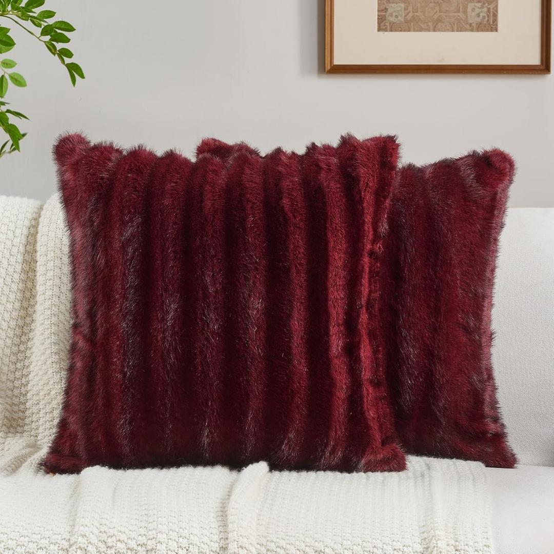 FUTEI Burgundy Decorative Throw Pillow Covers 18x18 Inch Set of 2,Soft Fluffy Faux Mink Fur Dyeing Striped Textured Cushion Case,Modern Home Decor for Couch Bed Living Room