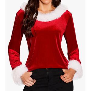 Christmas Tops for Women - Xmas V Neck Fur Trim Sweaters Casual Loose Sweatshirts Velvet Long Sleeve Pullover Size XL