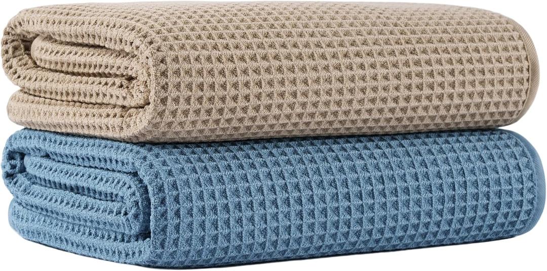 MICROFI New Microfiber Waffle Bath Towels, 2 Pieces, Soft, Absorbent, Fast Drying, Lint Free 430 GSM (Beige+Blue), 30 x 60 inches