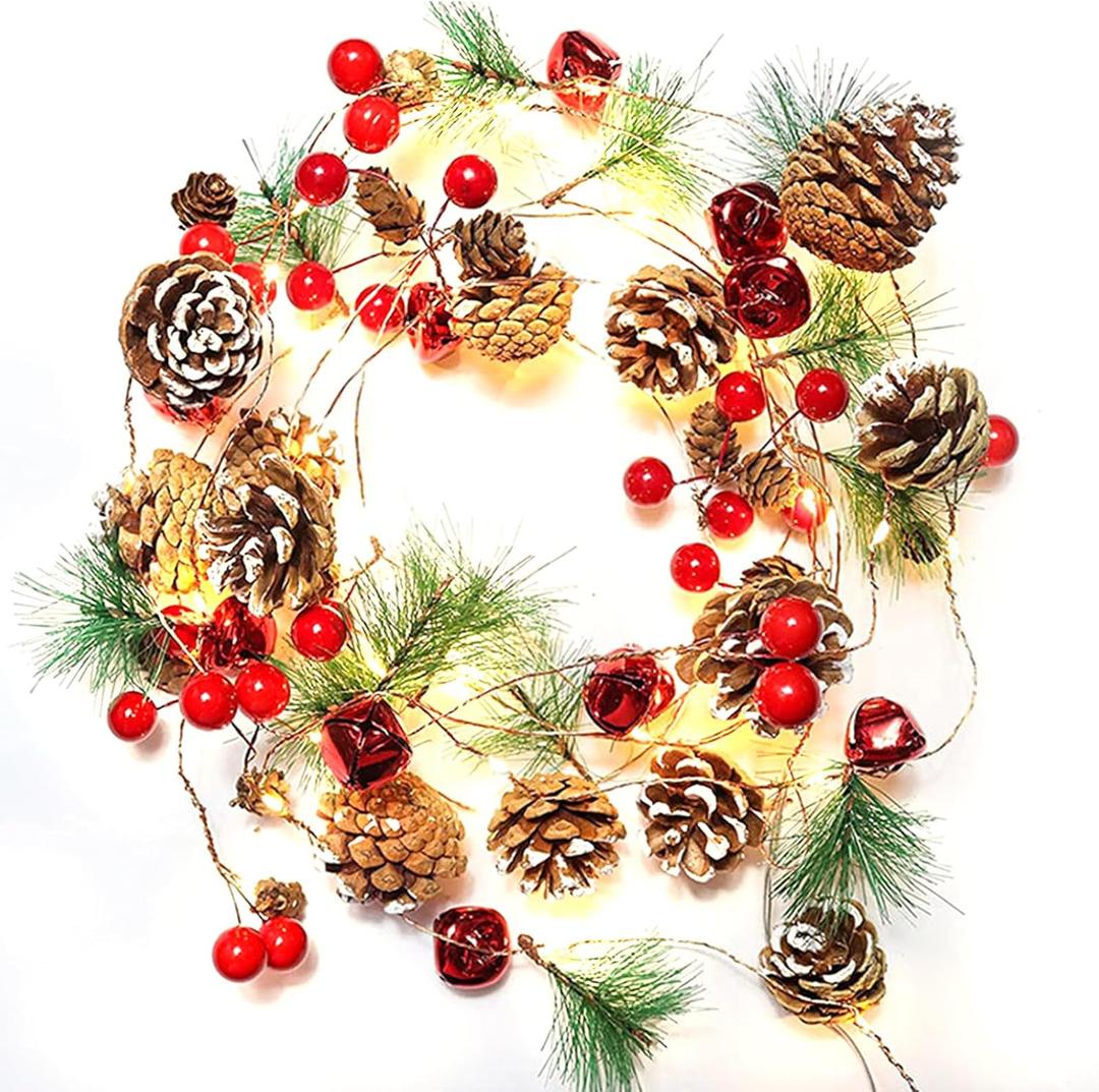 Christmas 10 Ft 30 LED Garland with Lights, Pine Cone Decorations for Home Interior, Fireplace, Stair