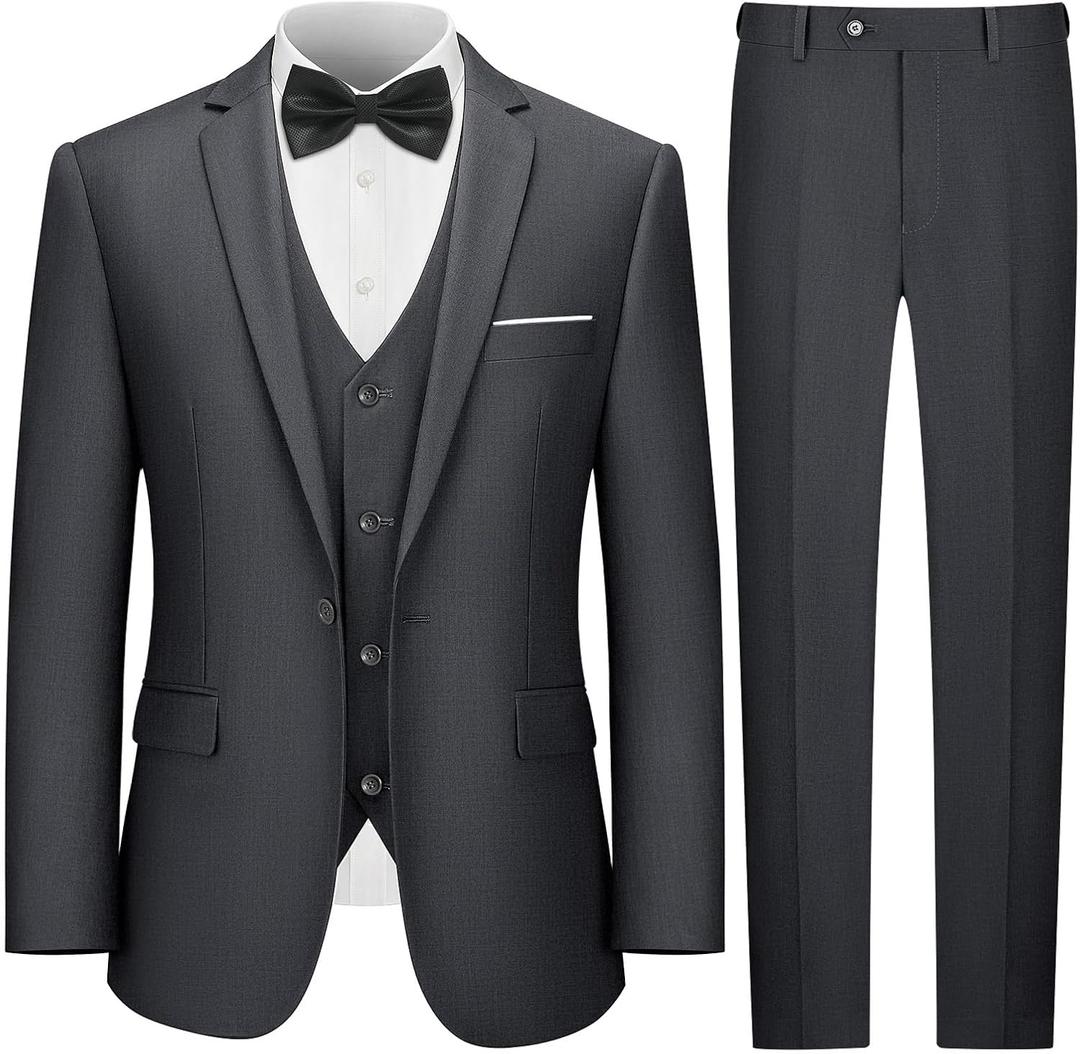 LUPURTY Men's One Button 3-Piece Suits Slim Fit Tuxedo Set with Blazer Jacket Vest & Pants for Wedding Prom Business,Dark Grey M