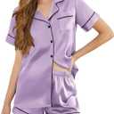 Silk Pajamas for Women Short Sleeve Sleepwear Soft Button Down Loungewear 2 Piece Satin Pjs Shorts Set S-XXL (Purple, XL)