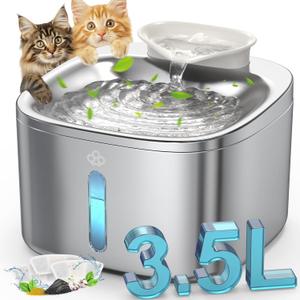 oneisall Stainless Steel Cat Water Fountain, 3.5L/118fl oz Automatic Pet Drinking Fountains for Cats Indoor, Quiet Running Cat Waterer Fountains