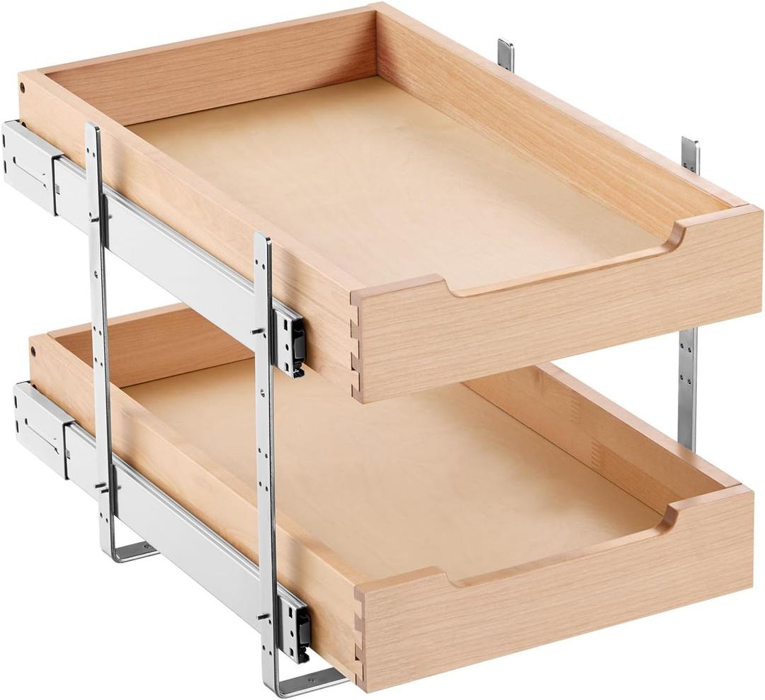 VEVOR 2 Tier Pull Out Cabinet Organizer, 14" W x 21" D Cabinet Drawer, Soft Close Slide out Shelf, Heavy-Duty Sliding Wood Drawer, Adjustable Base Cabinet Organization for Kitchen Pantry Bathroom